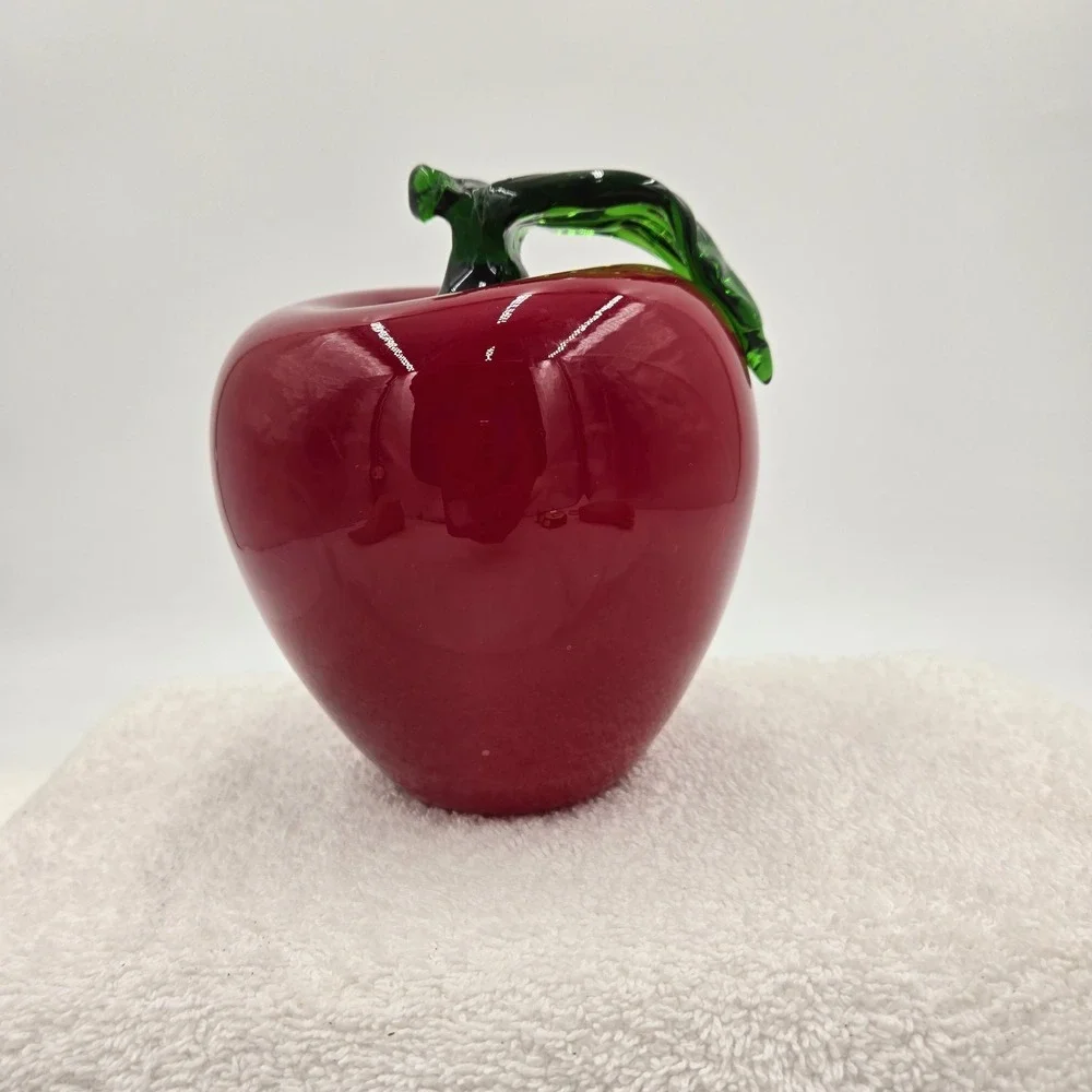Vtg Mikasa Hand Blown Glass Fruit Large Red Apple w/ Green Leaf 6